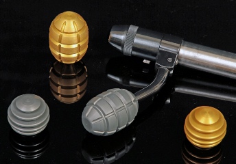 Gold and hard anodised skeleton and hand grenade bolt knobs suitable for rifle bolts with an M8 thread