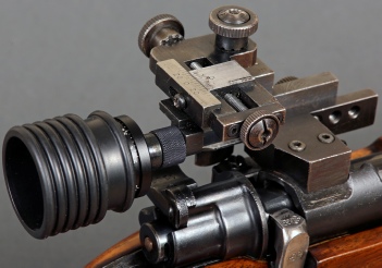 Close up detail of a Custom Gun Parts rearsight adapter fitted to a Wilks rearsight on a Shultz Larsen .308 target rifle